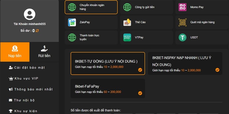 Các phương thức giao dịch nạp tiền 8Kbet đang áp dụng